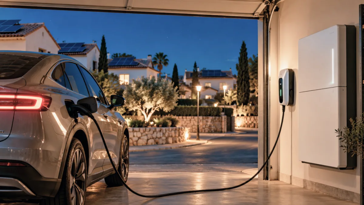 Vehículo eléctrico cargando en un cargador doméstico junto a instalación de batería