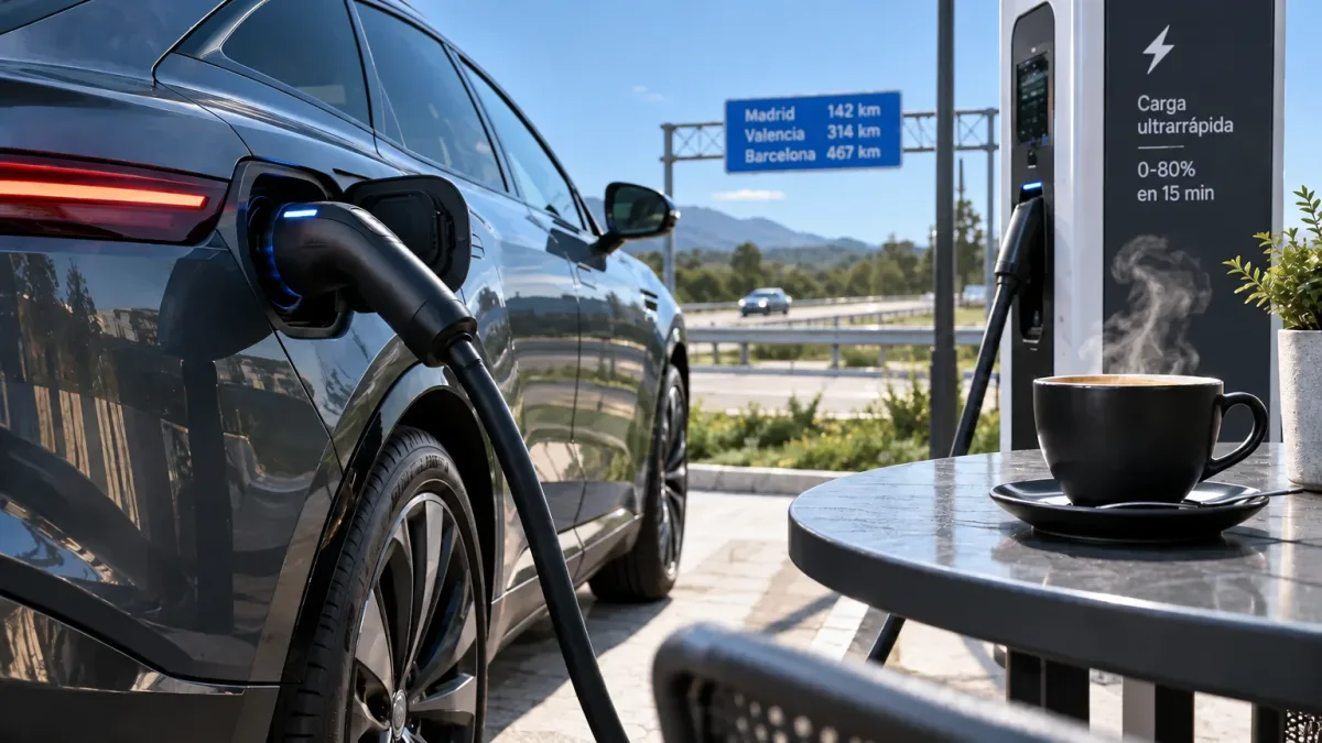Coche eléctrico negro conectado a un punto de carga ultrarrápida junto a una autopista, con una taza de café humeante en una mesa en primer plano.