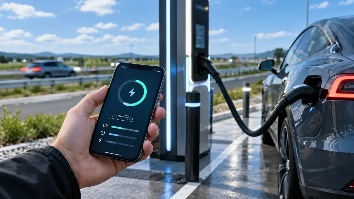 Una mano sostiene un teléfono móvil mostrando el estado de carga de la batería, en primer plano junto a un coche eléctrico conectado a una estación de recarga al aire libre.