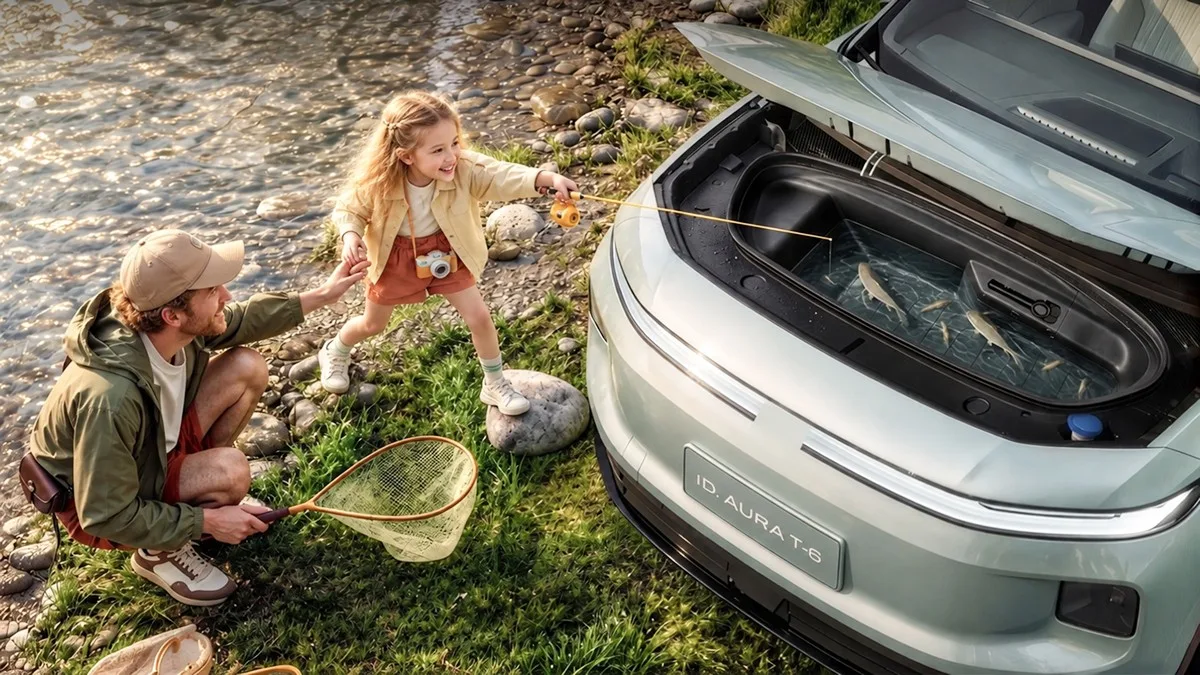 Una niña y un hombre junto a un río juegan con una caña de pescar sobre el maletero delantero abierto de un coche eléctrico que contiene agua con peces.