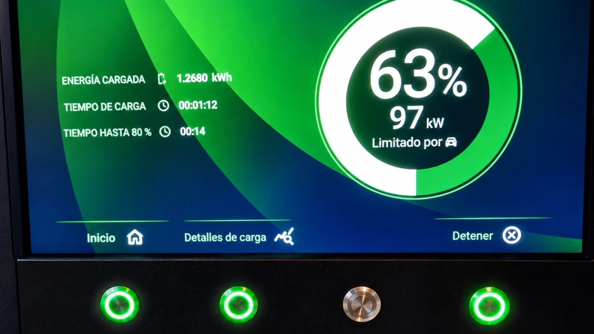 Primer plano de la pantalla de una estación de carga mostrando un 63 por ciento de batería y 97 kilovatios de potencia sobre un panel con botones luminosos.
