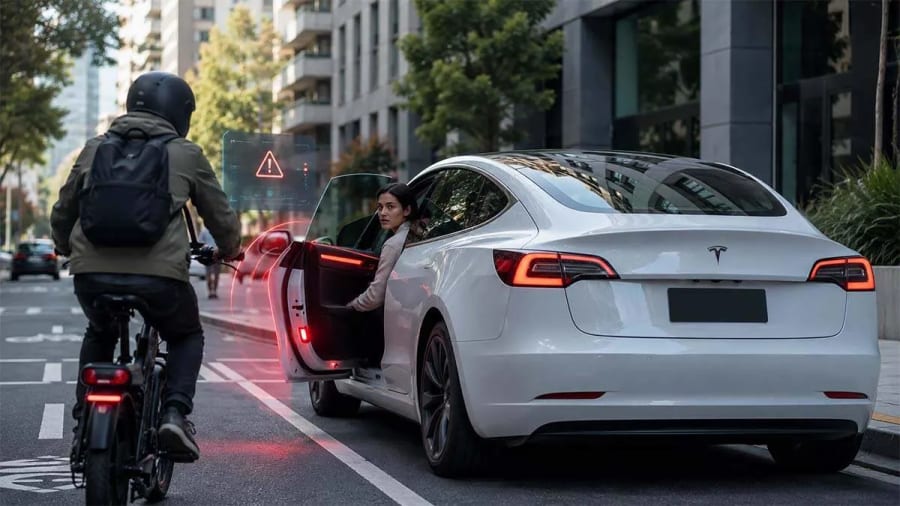 Tesla amplía su aviso de ángulo muerto al abrir las puertas: así protege a ciclistas y peatones