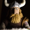 A plush viking in a dark room