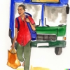 Pencil and watercolor illustration of an Indian man stepping off a city bus with a bag of groceries