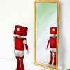 Painting of a cute red robot looking at itself in a full-body mirror.
