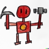 A child’s drawing of a cute red robot whose hands are hammers. The robot is centered.