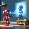 A cute little red robot projecting a picture of itself on the wall. 3d render.