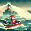 A cute red robot is adrift in a choppy, foggy sea. A lighthouse on a cliff in the distance is beaming light across the sea, creating a safe, clear path to a nearby shore. The robot is steering the boat toward shore, following the path through the fog created by the lighthouse. Vintage travel poster aesthetic.
