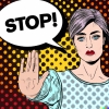 Pop art style illustration of a white woman holding her hand up to say stop.