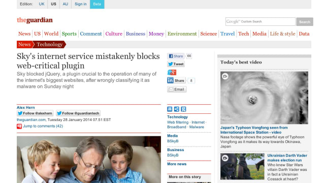 Headline: “Sky’s internet service mistakenly blocks web-critical plugin” (Source: The Guardian)