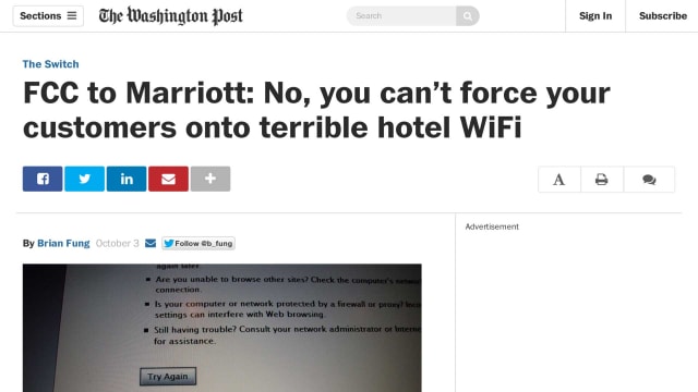 Headline: “FCC to Marriott: No, you can’t force your customers onto terrible hotel WiFi” (Source: The Washington Post)