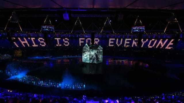 A photo of the opening ceremony of the 2012 London Olympic Games when Sir Tim Berners-Lee (creator of the World Wide Web) typed “This is for Everyone” across the stadium.