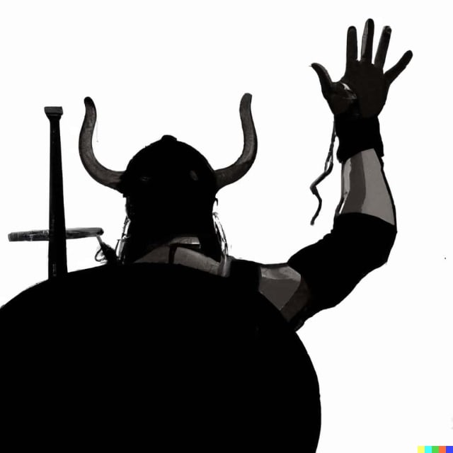 Silhouette of a viking waving goodbye, from behind, digital art