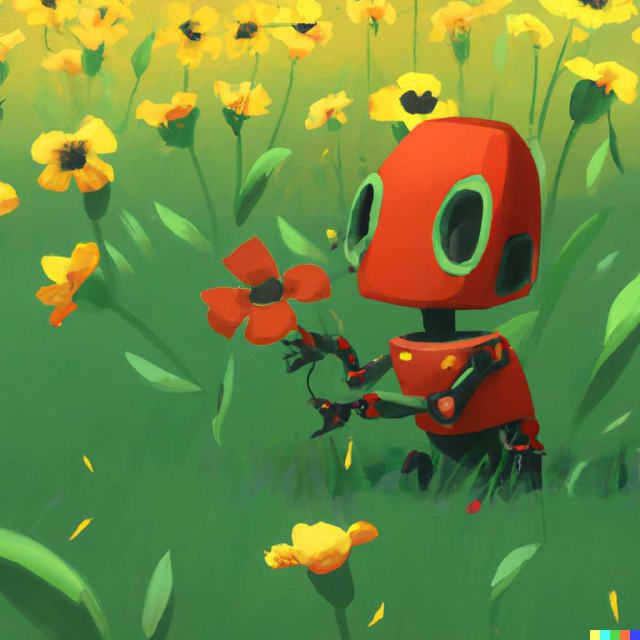 In a green field filled with only yellow flowers, a cute robot has found a single red flower, digital art