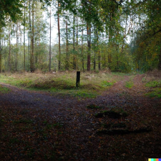 A forest clearing in the fall. In front of you are 2 paths leading in different directions. In the center is an old signpost, but it is dilapidated.