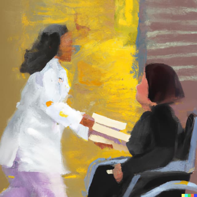 Impressionist painting of a female Black doctor racing out to hand a file folder to Filipino woman in a wheelchair. Both are smiling.