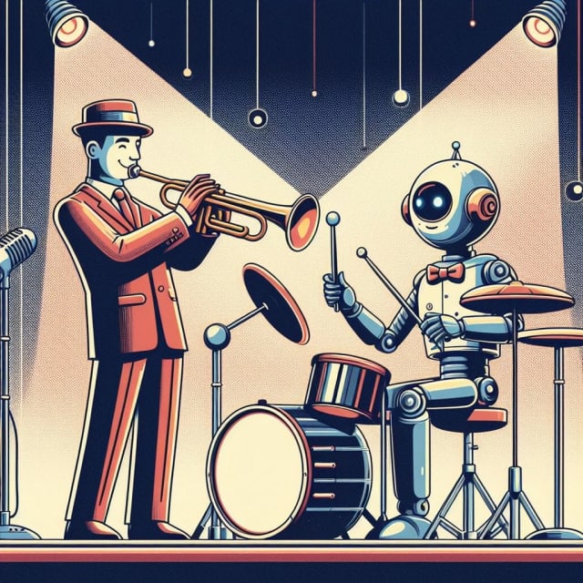 A person playing trumpet and a robot playing drums are on a stage in a jazz band. They are looking at each other. In the style of a 60s jazz album cover.