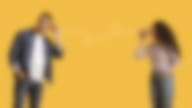 Romantic arab couple communicating through tin phone over yellow background
