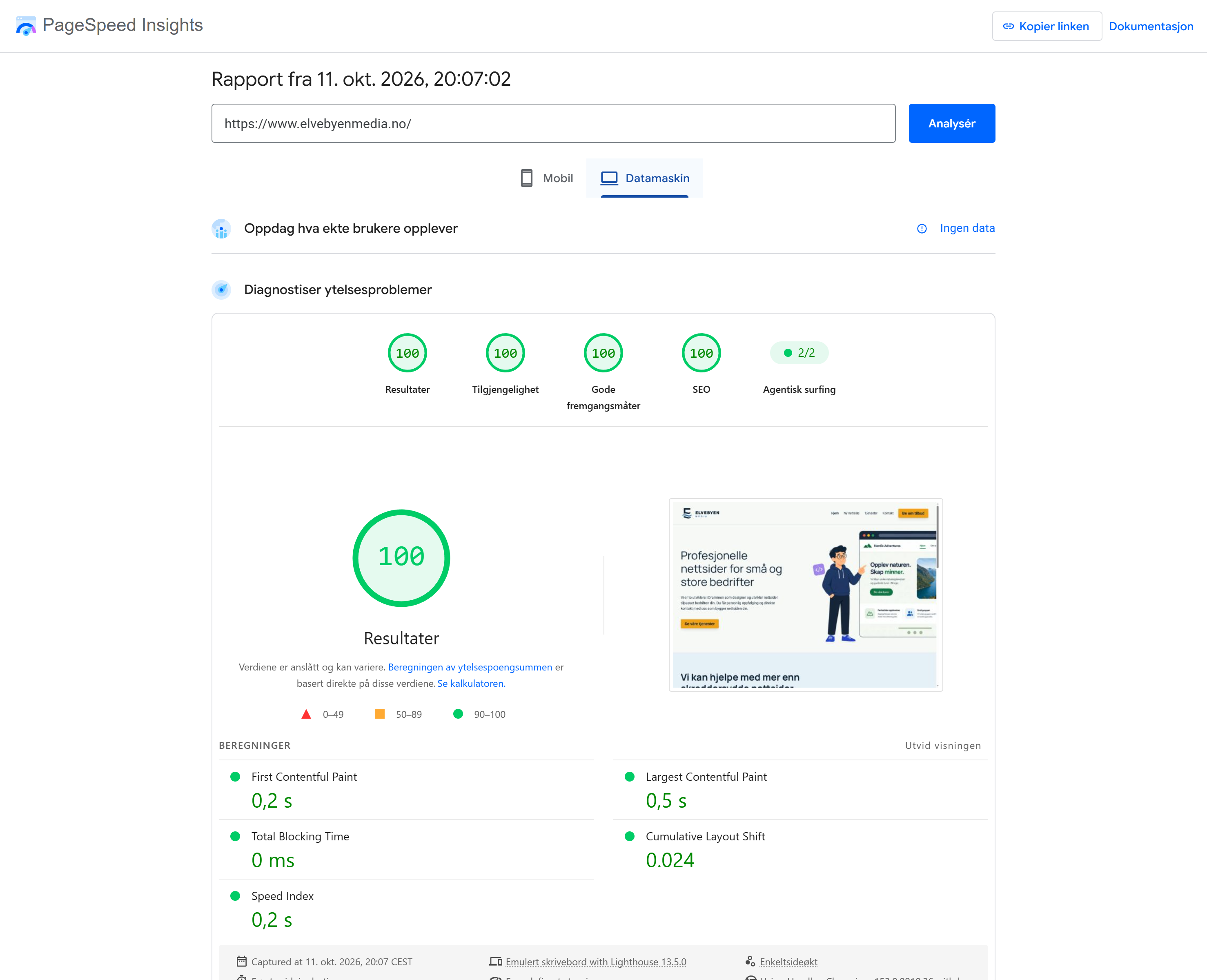 Pagespeed resultater for elvebyenmedia.no på desktop