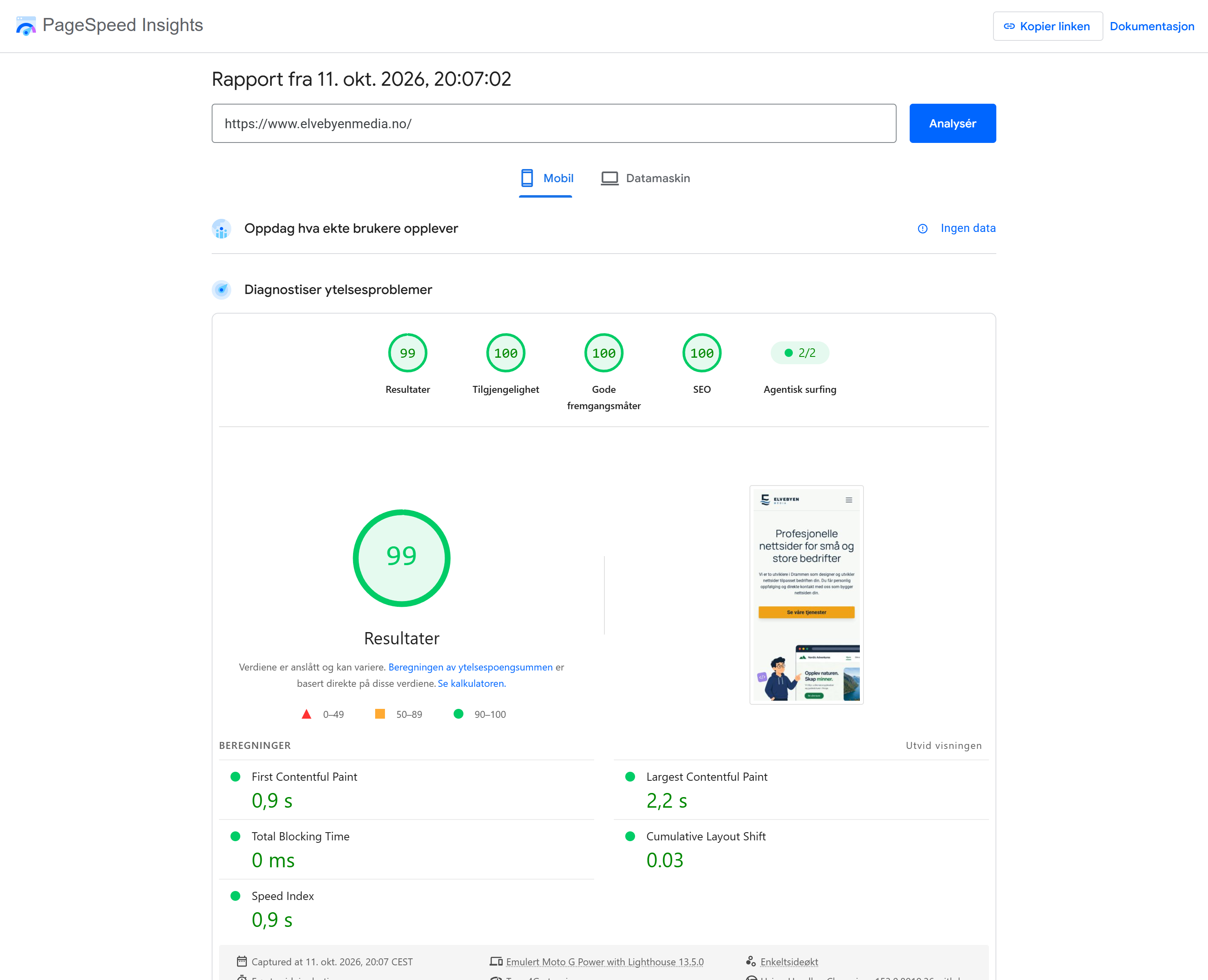 Pagespeed resultater for elvebyenmedia.no på mobil
