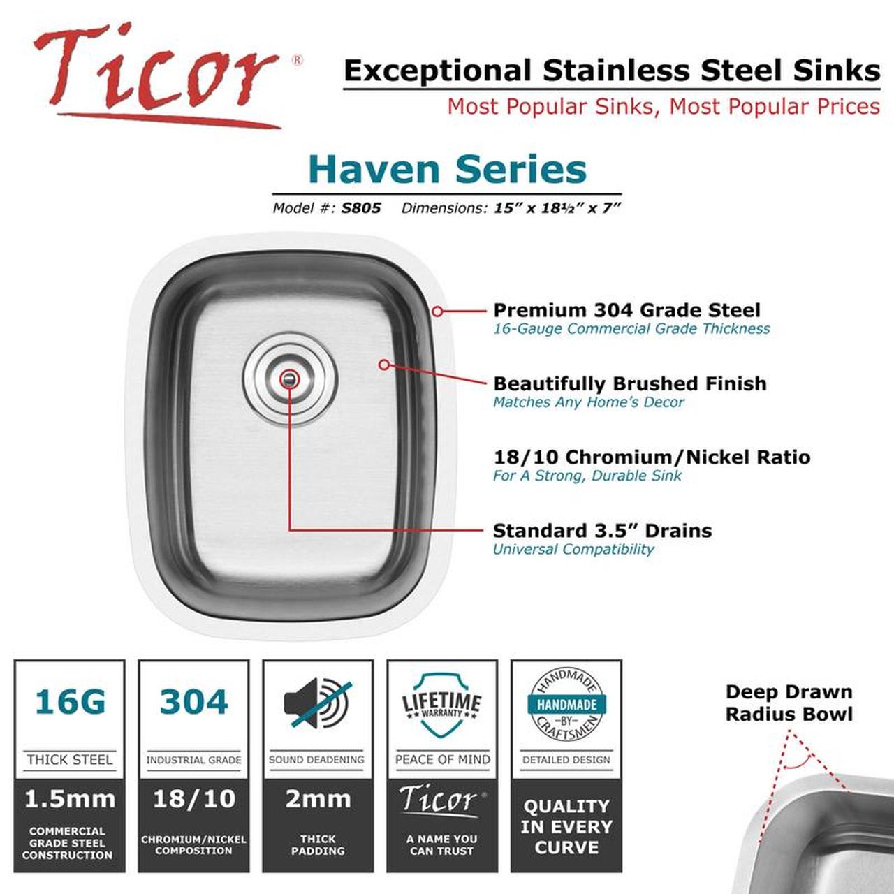 15" TICOR S805 HAVEN SERIES 16-GAUGE STAINLESS STEEL UNDERMOUNT SINGLE BASIN KITCHEN AND BAR SINK - Image 4