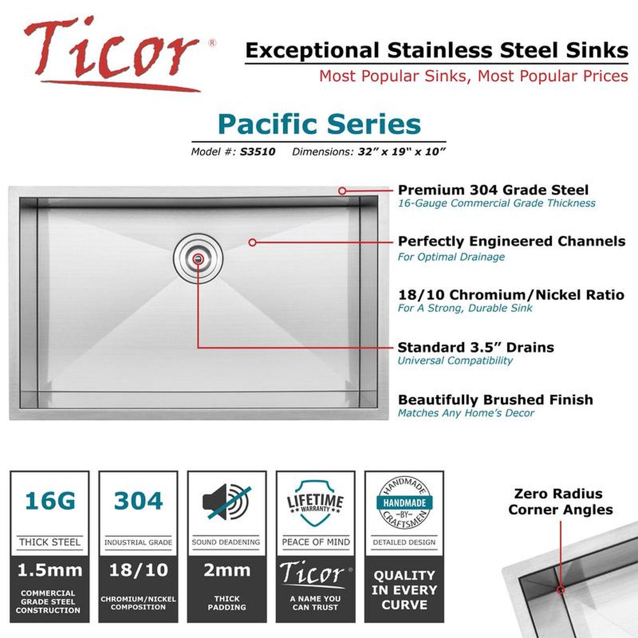 32" TICOR S3510 PACIFIC SERIES 16-GAUGE STAINLESS STEEL UNDERMOUNT SINGLE BASIN ZERO RADIUS KITCHEN SINK - Image 4