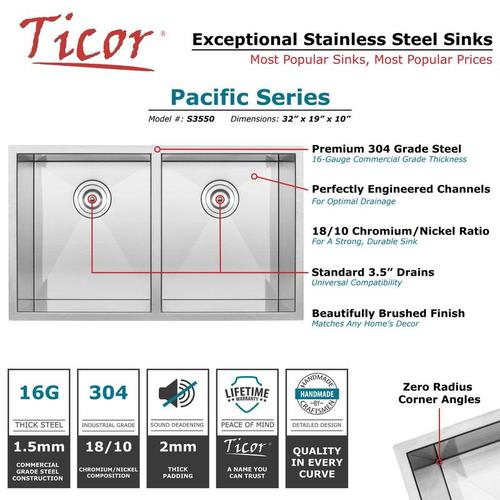 32" TICOR S3550 PACIFIC SERIES 16-GAUGE STAINLESS STEEL UNDERMOUNT DOUBLE BASIN ZERO RADIUS KITCHEN SINK - Image 5