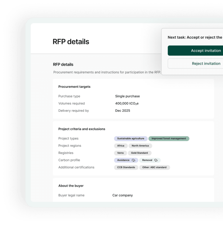 Screenshot showing the RFP overview page Abatable's carbon procurement platform