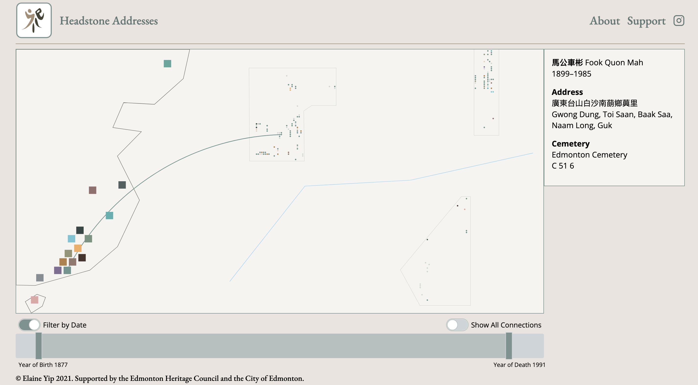 A screenshot of Headstone Addresses, showing the map with a headstone selected, visually linking back to its home address on the map of China. A date filter slider is located below the map.