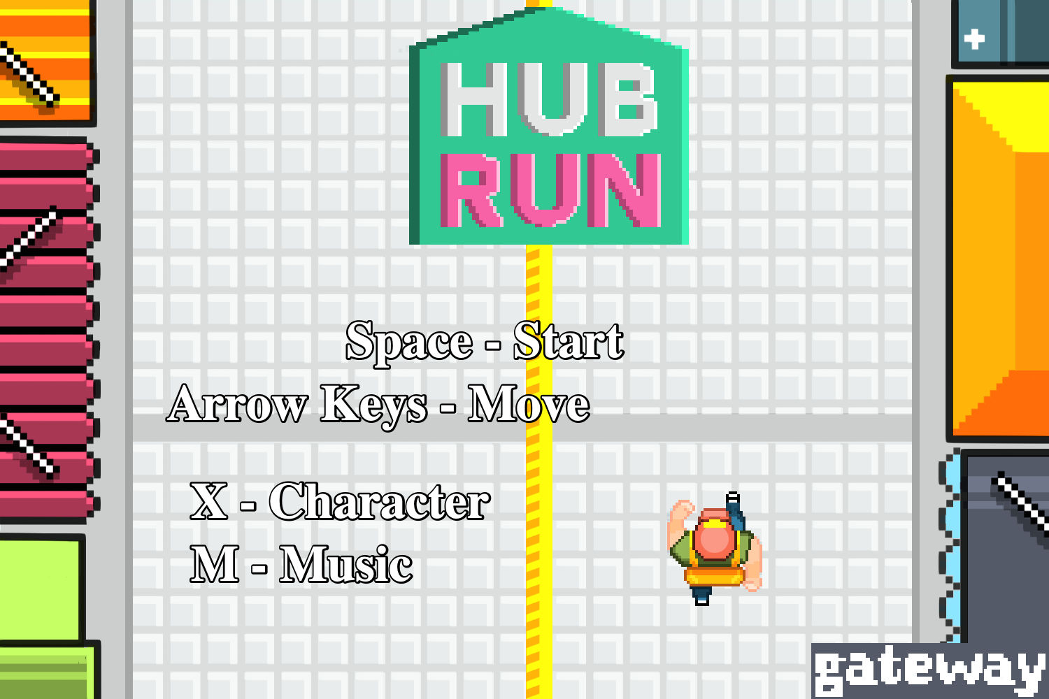 Title screen for the game HUB Run, showing the title, the controls, a top-down view of the main character in a hallway, and an 8-bit style logo for The Gateway student newspaper.