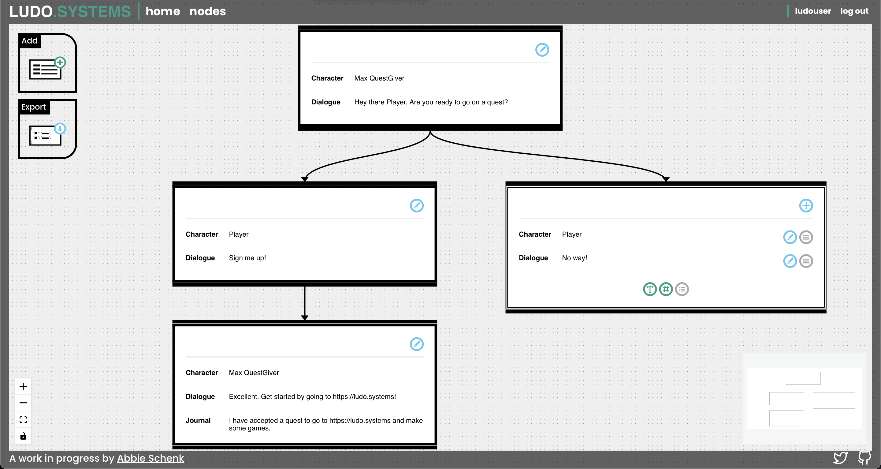 An example of a branching dialogue system created in Ludo.Systems Nodes.