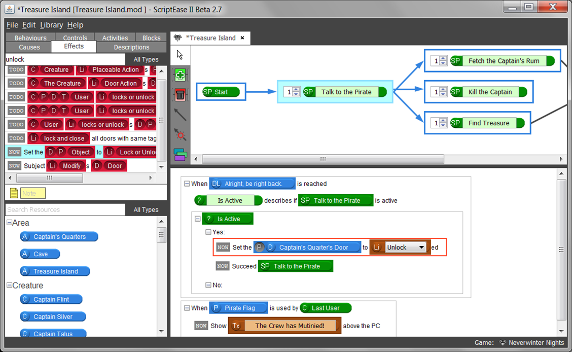 A screenshot of the ScriptEase II visual code editor in four main panels, with scripting functions on the left and bottom right, and the story graph shown on the top right.