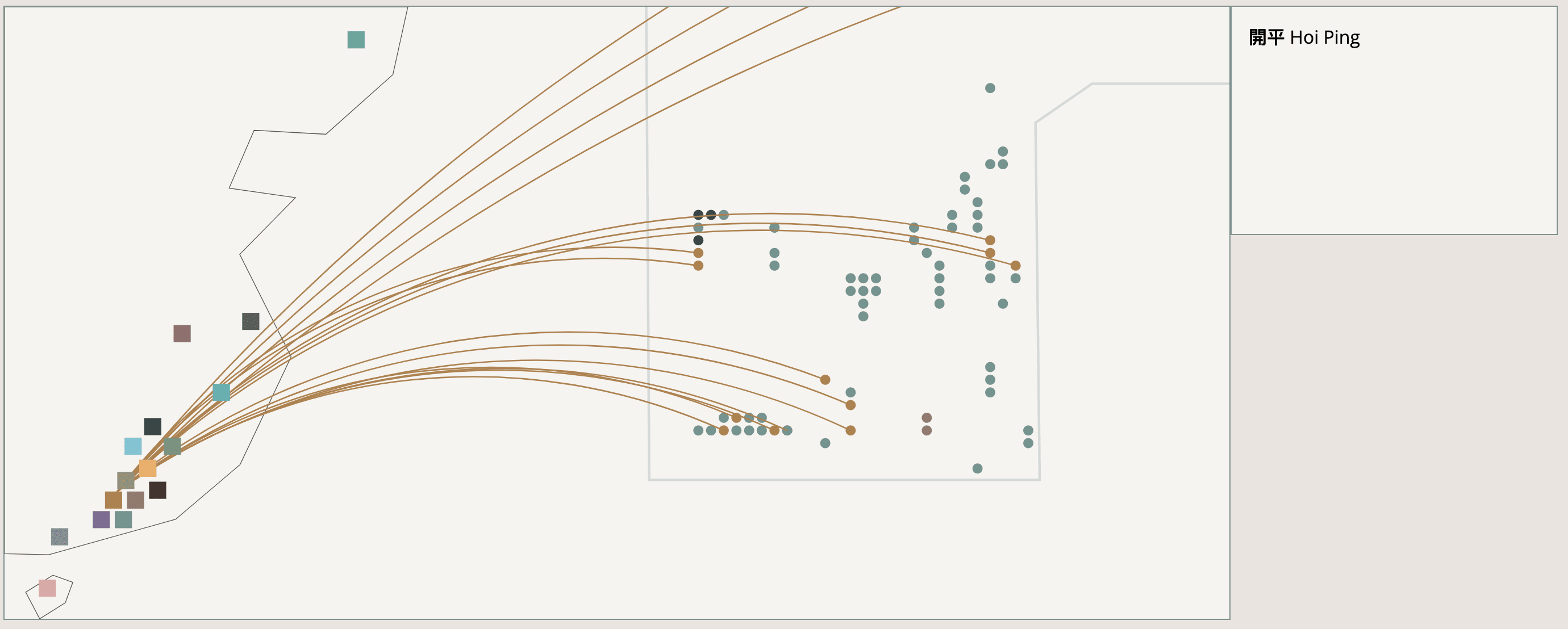 A screenshot of Headstone Addresses, showing the map with an address selected, visually linking to all headstones that list it as the home address.
