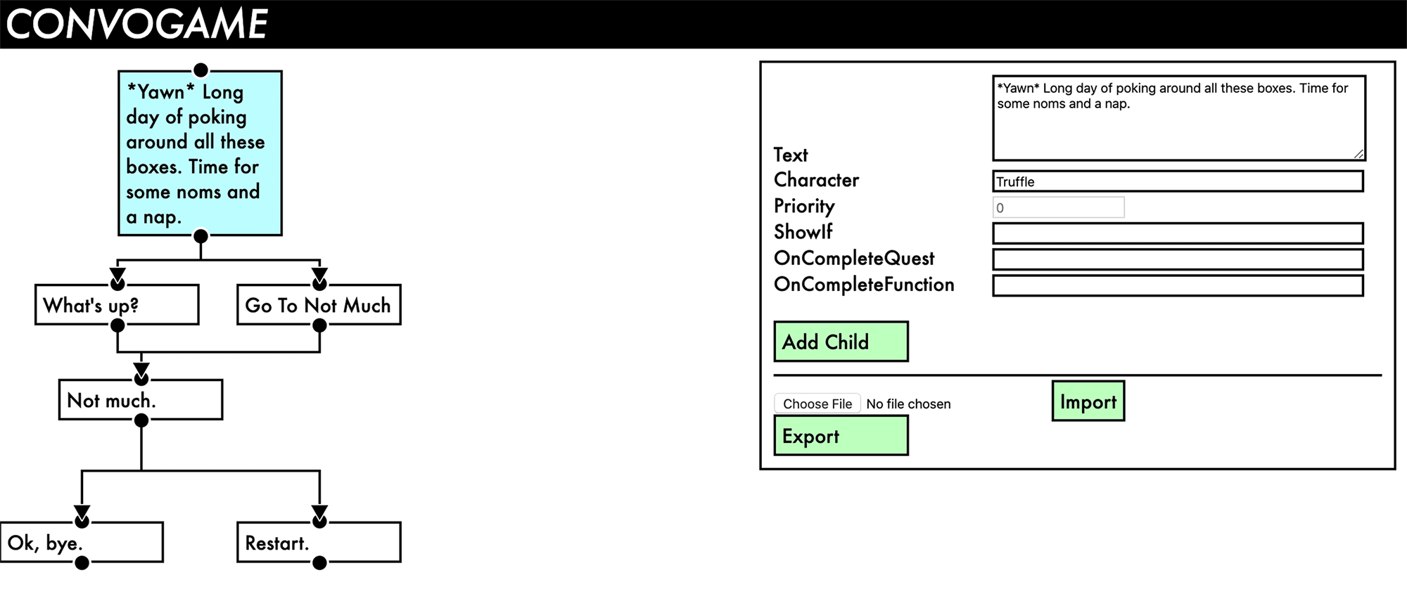 A screenshot of the ConvoGame game conversation editor, showing the conversation tree and editor panel filled with some basic text from the Catlandia game.