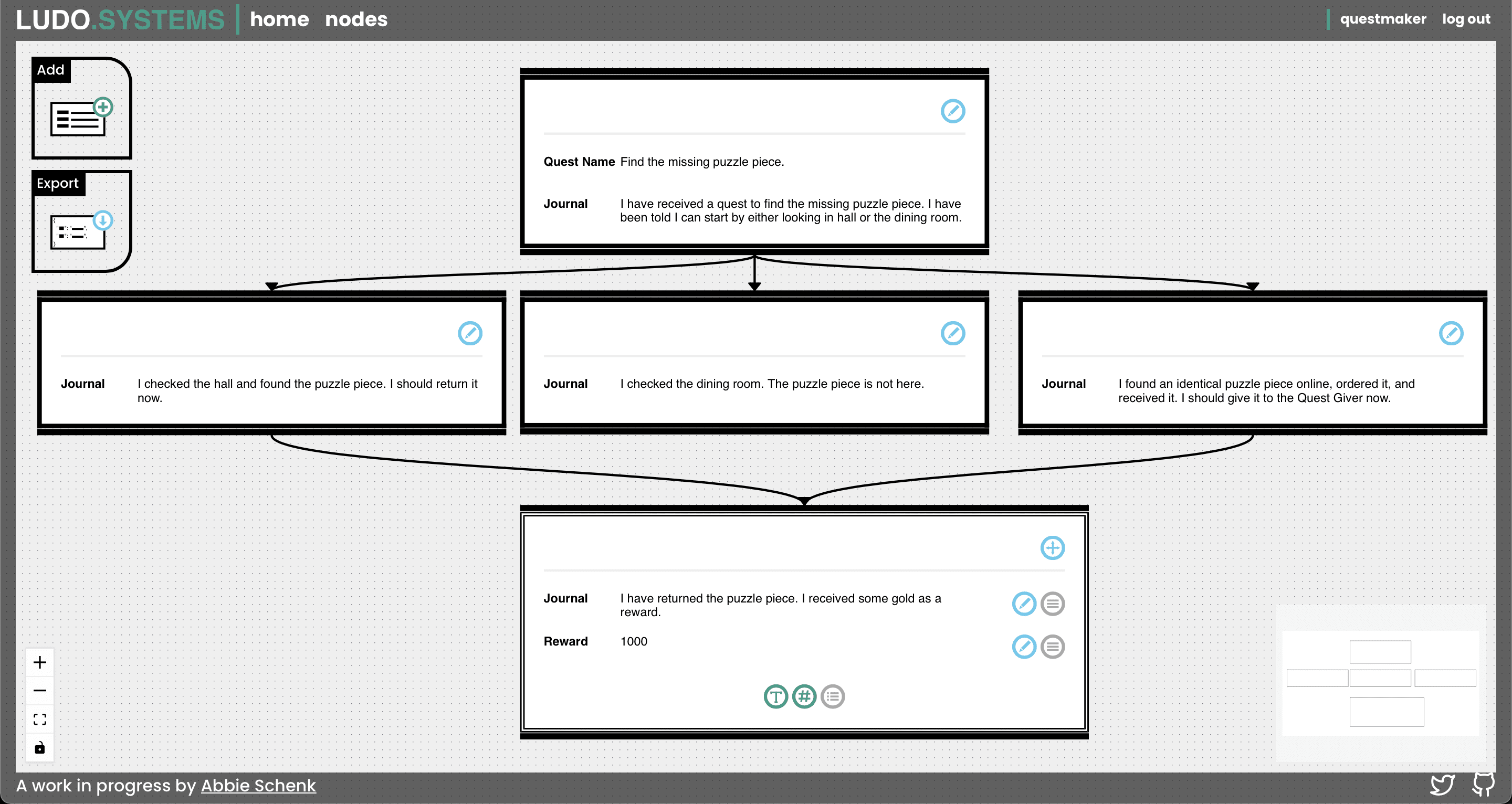 An example of a branching quest system created in Ludo.Systems Nodes.