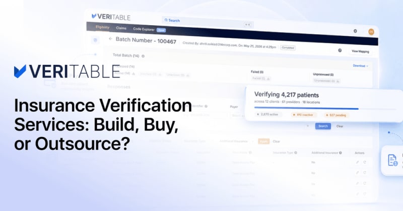 Featured image for Veritable blog post titled Insurance Verification Services: Build, Buy, or Outsource? showing a software dashboard with patient verification statistics and the Veritable logo.
