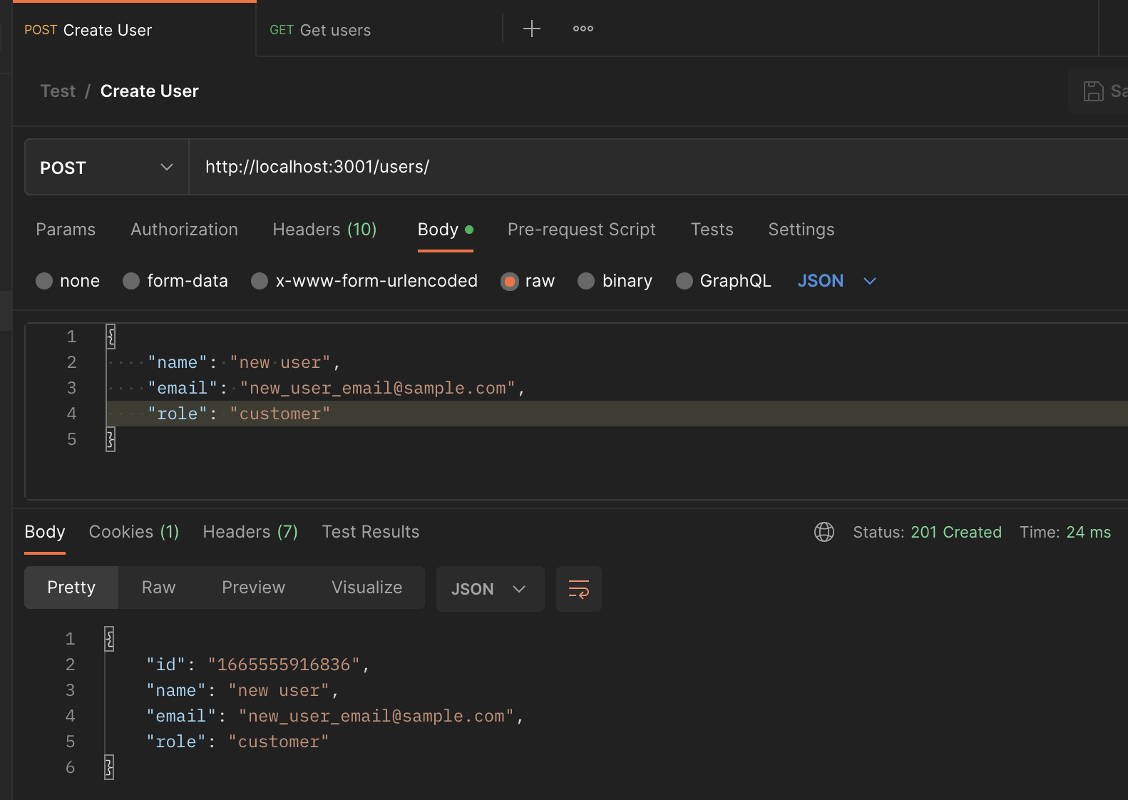 postman interface with a sample request body for a POST request