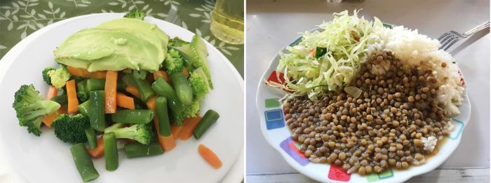 Salad, rice with lentils