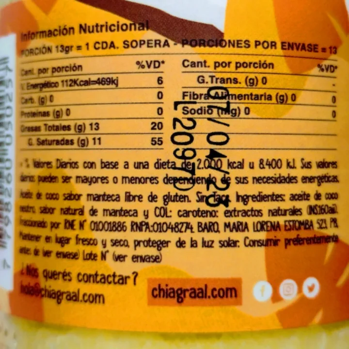 photo of Chia Graal Aceite de Coco Manteca shared by @alejandraglck on  10 Apr 2023 - review