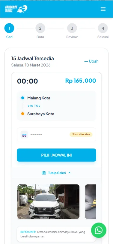 Cari jadwal travel Malang Surabaya mandiri di website Abimanyu