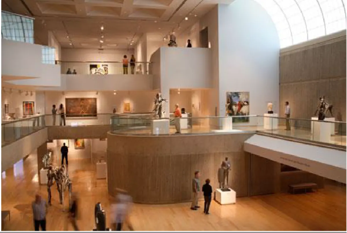 time lapse of well-lit, modern, multi-level museum interior, busy with patrons