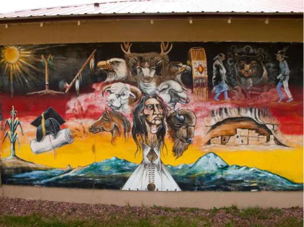 spray painted mural of native american art featuring head of chief in the center and wildlife around the head and mountains in the background