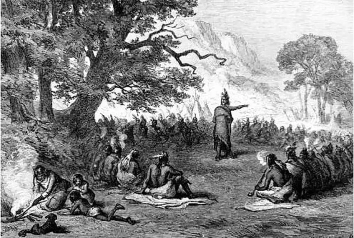 Chief Pontiac gathered under a tree with other Native Americans in his counsel