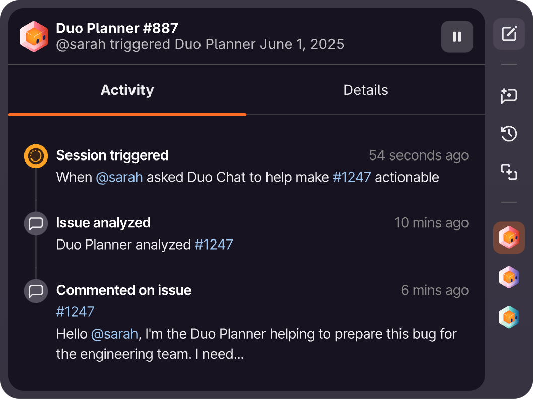 Session GitLab Duo Agent Platform affichant l'activité de l'agent GitLab Duo Planner qui traite un ticket