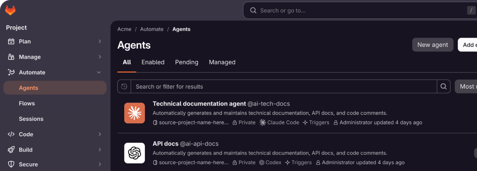 Liste des agents GitLab affichant un agent de documentation technique et un agent de documentation d'API dans un projet Acme