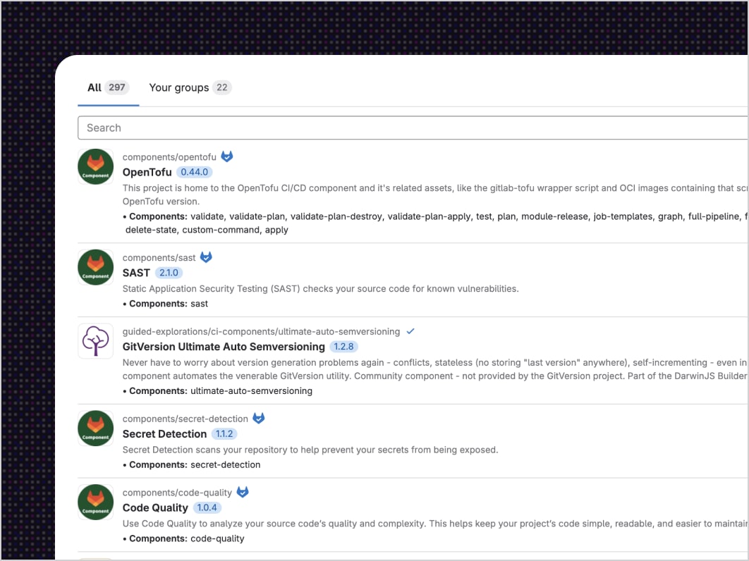 The GitLab CI/CD Catalog listing reusable pipeline components such as OpenTofu, SAST, and Code Quality