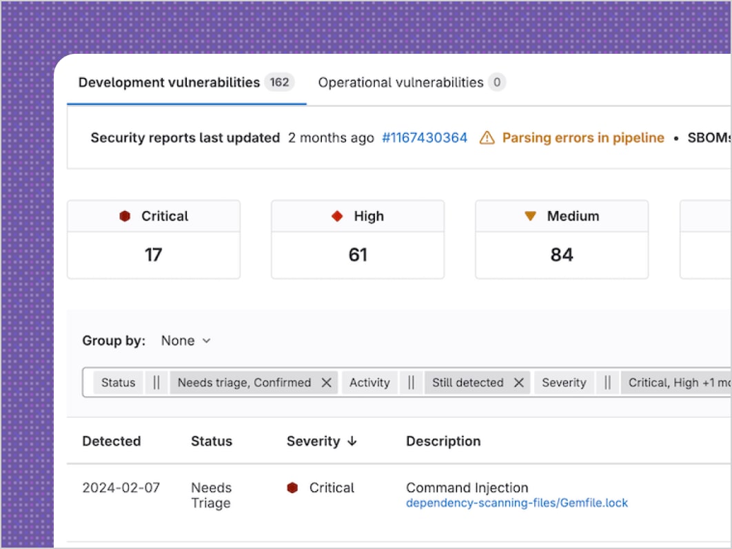 GitLab vulnerability report showing security findings detected in a pipeline