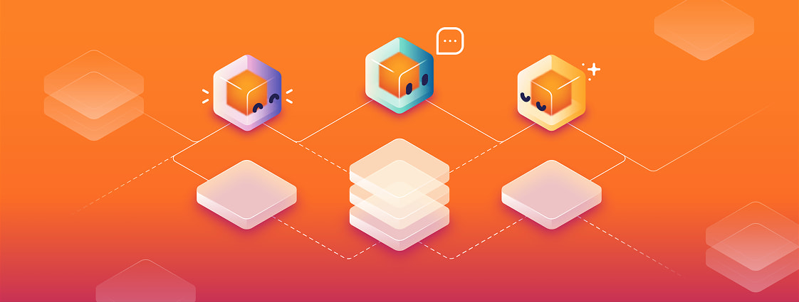 An abstract graphic with a cube-shaped character representing an AI agent is featured.