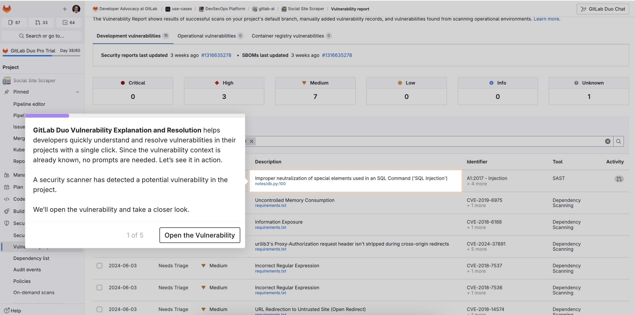 Vulnerability report interactive tour