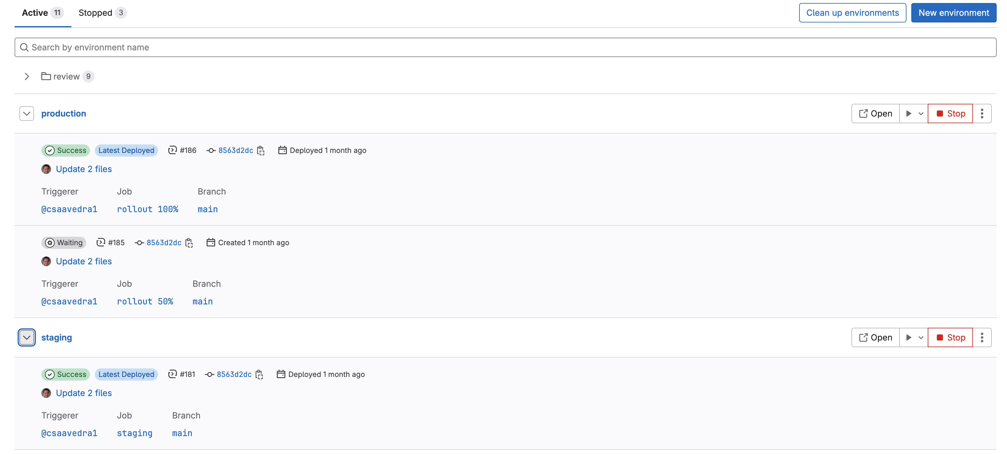 Visualisation des environnements sur GitLab CI/CD.
